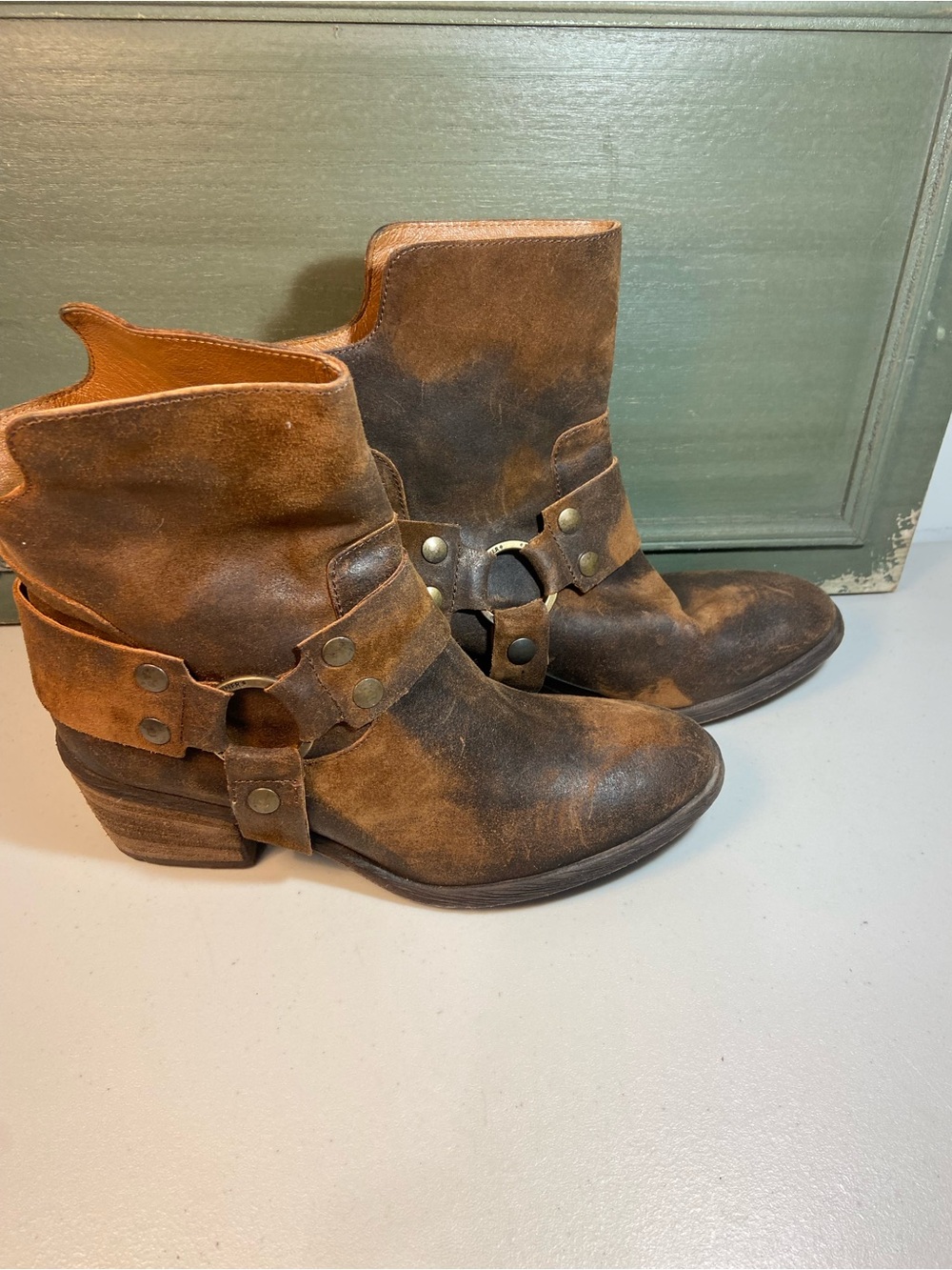 Donald J Pliner Women's Brown Distressed Leather Ankle Boots with Harness Detail
